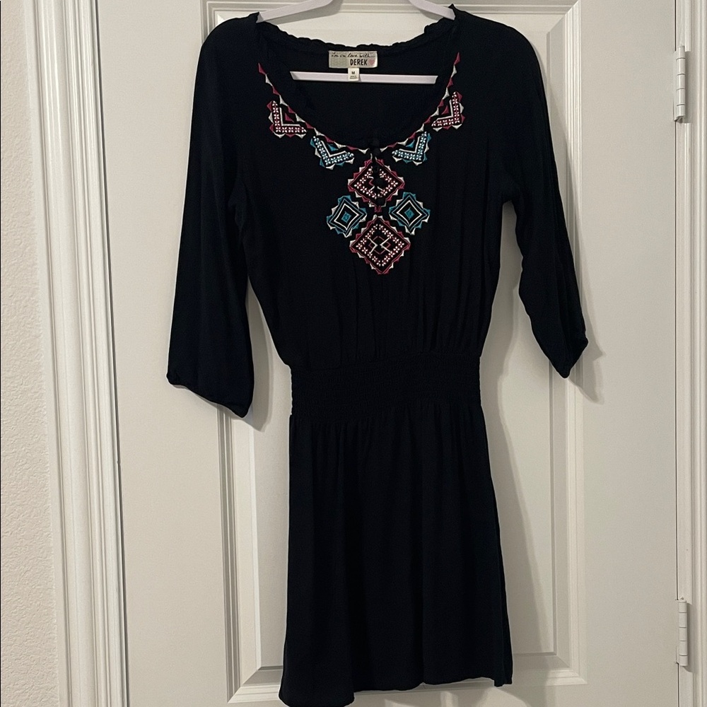 Derek Heart Black Mini Dress with Teal & Pink Embroidery